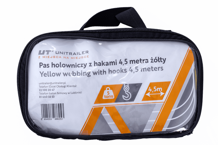 Linka holownicza z hakami UNITRAILER pas holowniczy 4,5m/50mm/5t żółty