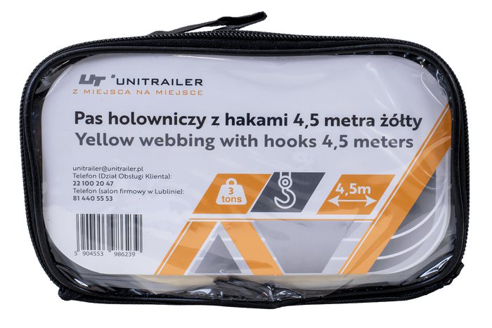 Linka holownicza z hakami UNITRAILER pas holowniczy 4,5m/50mm/3t żółty