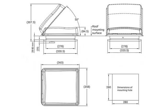 Okno dachowe do kampera ProPlus 610900V01 wentylator dachowy 280x280mm