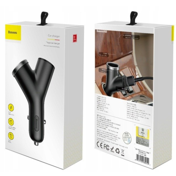 Ładowarka samochodowa BASEUS Y Type 2xUSB, gniazdo zapalniczki 40W